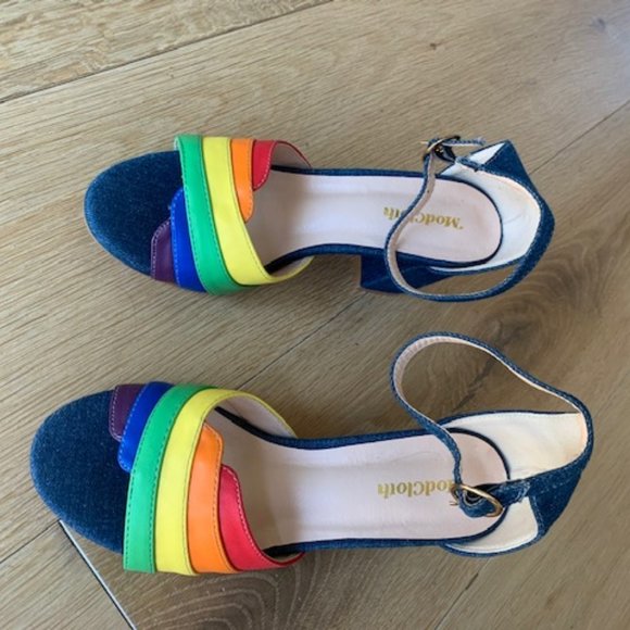 Denim rainbow sandals: Block heels, buckles - Picture 2 of 7